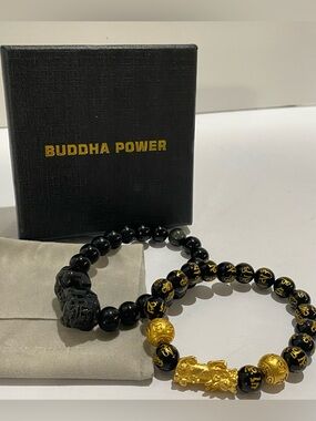 Buddha Power Bracelets Set of 2 Black / Gold Stretch Original Box Feng Shui